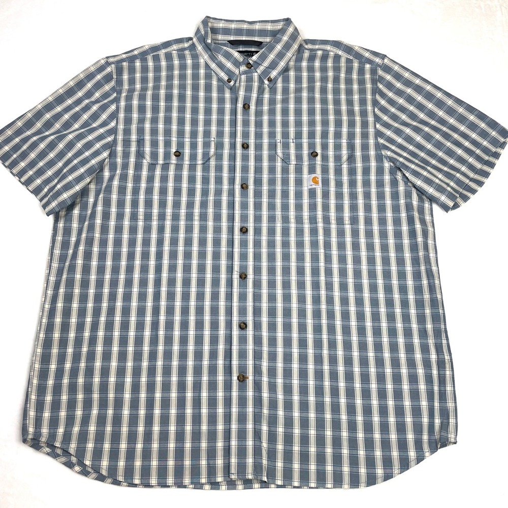 Carhartt Button Down Cotton Men XL Tall Blue Good Plaid Short Sleeve Loose Fit